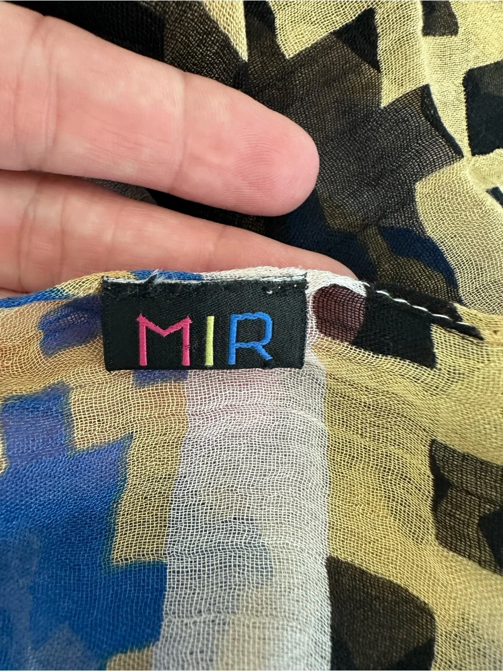 Mi Cream Scarf with Blue, Pink, Black and Tan Pattern